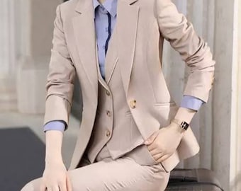 Light brown 3-piece  pants suits, Brown formal suits with blazer, waistcoat and pants, women's coats, women's wedding suits