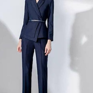 Asymmetric navy blue 2 piece pants suits for women, chic stylish suits, formal suits, office suits, wedding suits, blue tailored suit women