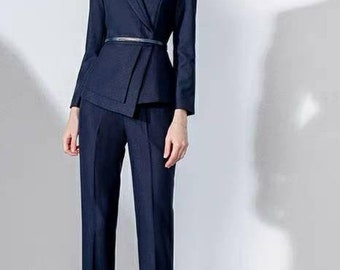 Asymmetric navy blue 2 piece pants suits for women, chic stylish suits, formal suits, office suits, wedding suits, blue tailored suit women