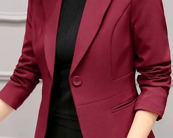 Burgundy one button blazer with pockets, formal tailored blazers for women, burgundy office suit