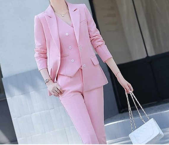 Plain Pink 3 Piece Pants Suit, Pink Power Suit, Pants, Waistcoat