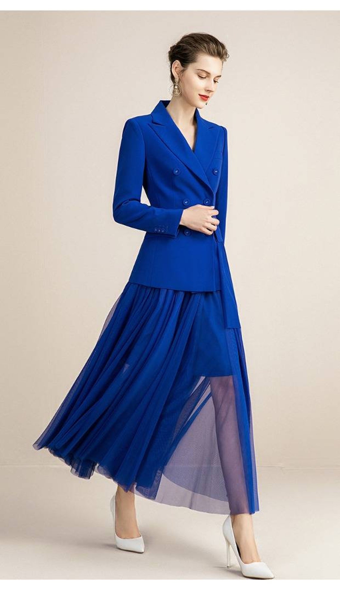 Royal Blue Double Breasted Chiffon Skirt Suits 2-piece Skirt - Etsy