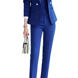 Light Blue Womens Blazer Suit, Office Women 3 Piece Suit With Slim