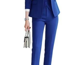 Royal blue double breasted 3-piece suits with blazer, waistcoat, pants and white buttons, formal women's office suits, women's wedding suits