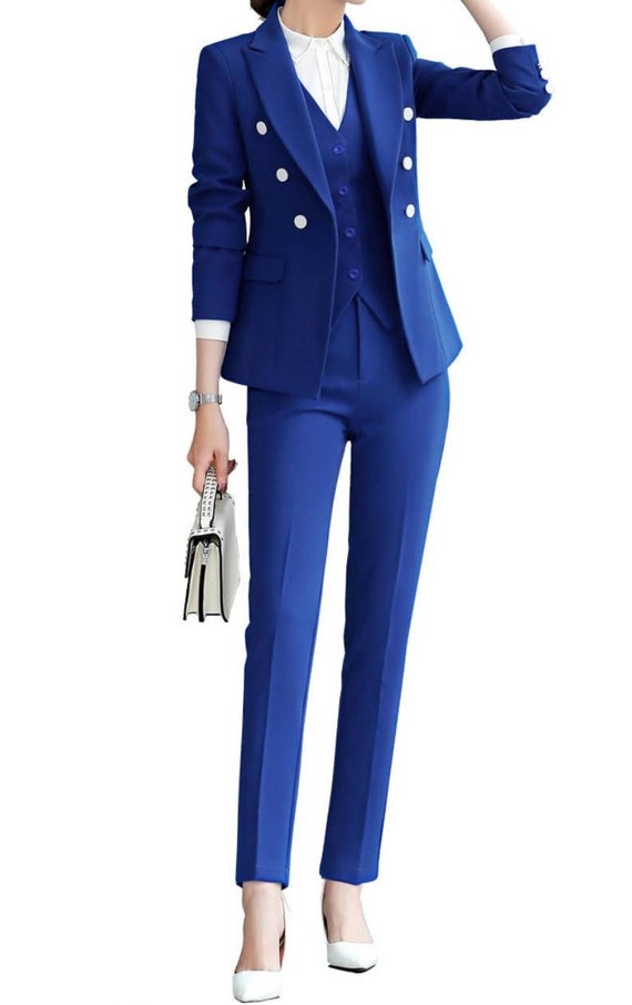 Royal Blue Double Breasted 3-piece Suits With Blazer, Waistcoat, Pants and  White Buttons, Formal Women's Office Suits, Women's Wedding Suits 