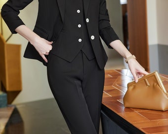 Black 3-piece pants or skirt suit with white buttons, formal office suits, wedding suits, suits for women