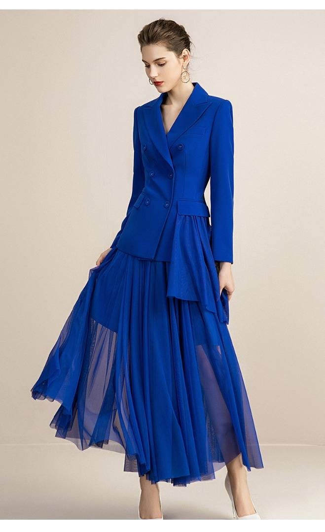 Royal Blue Double Breasted Chiffon Skirt Suits 2-piece Skirt - Etsy