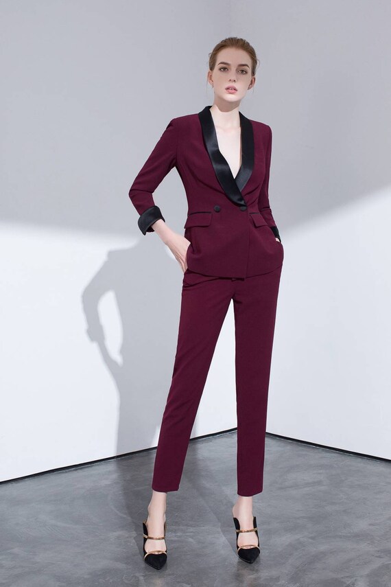 Burgundy Double Breasted Pants Suits 