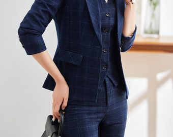 Navy Blue Plaid 3-Piece Pants Suit, Women's suits, wedding suits