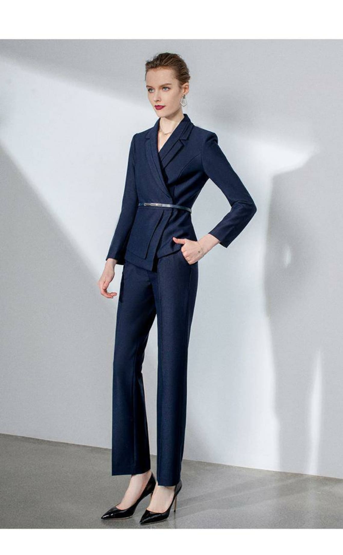 Asymmetric navy blue 2 piece pants suits for women chic Etsy