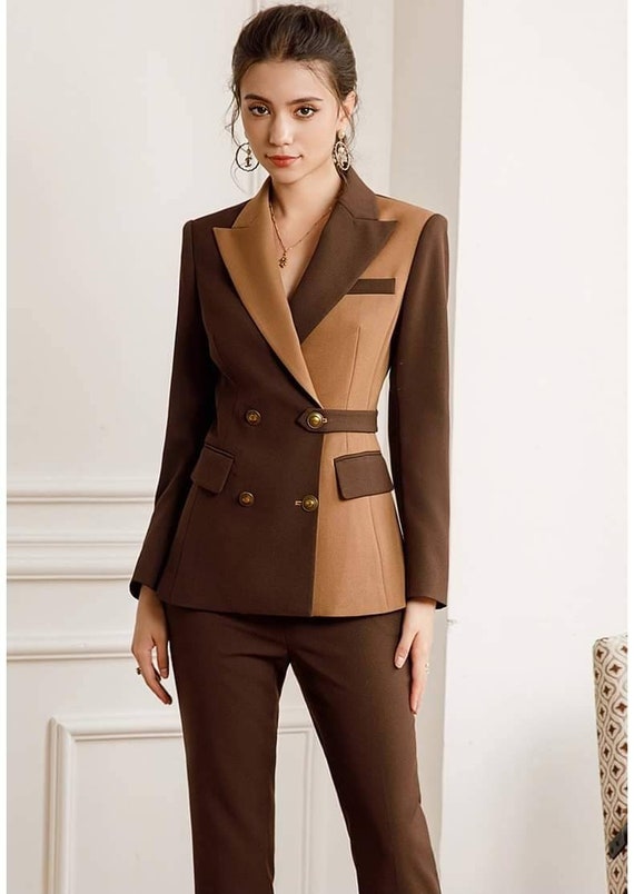 Khaki Brown 2-tone 2-piece Pants Suits, Ladies' 2 Piece Pants and Blazer  Suit Set, Women's Coats, Formal Office Suits, Wedding Suits 