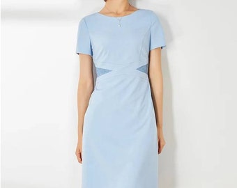 Tailored formal dress, sky blue dress, A-line office dress, tailored formal A line dress with lace detail, short sleeve office dress