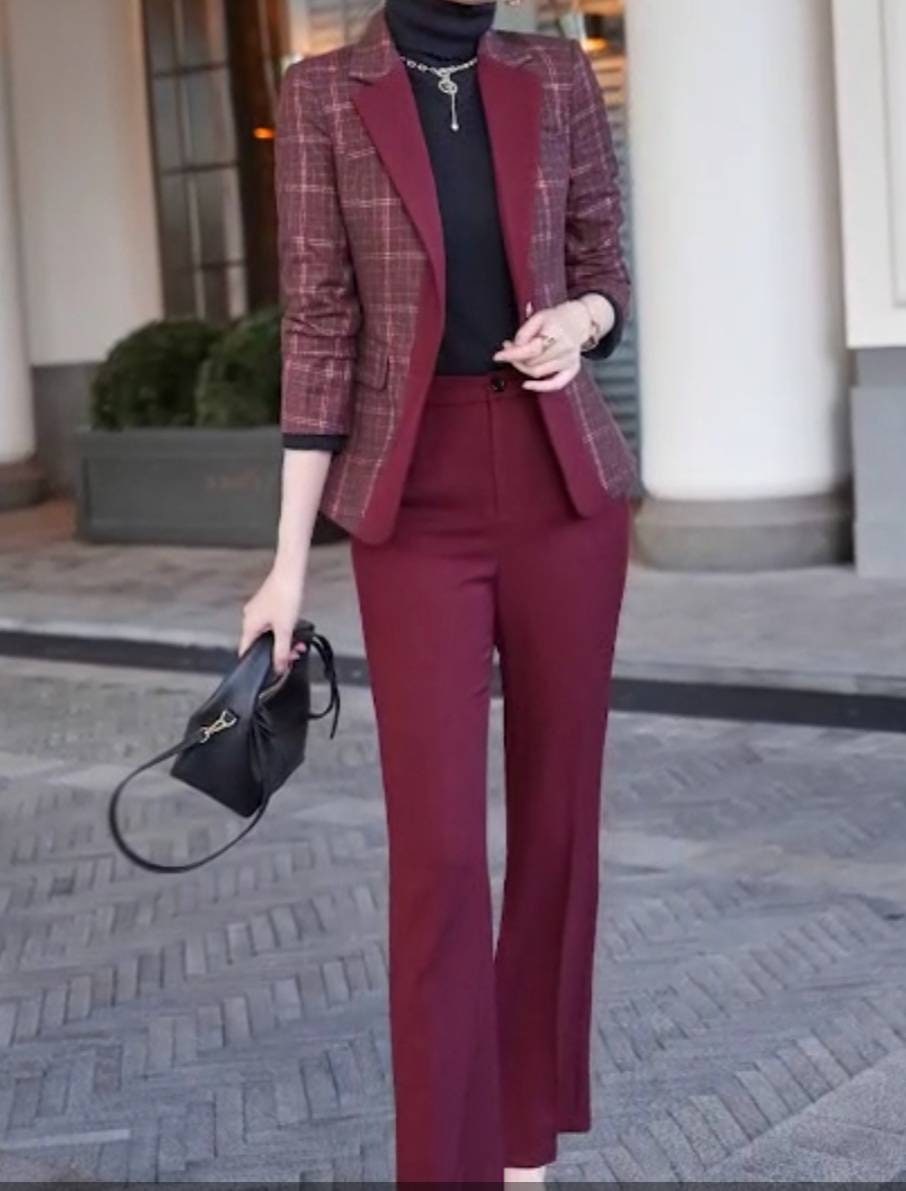 Two-tone Plaid Pants and Blazer Suits in Burgundy or Blue, Chequered 2-piece  Suit With Wide Legged Parts, Women's Formal Tailored Suits 