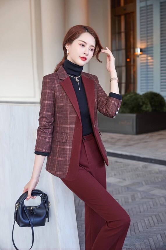 Two Tone Plaid Pants And Blazer Suits In Burdy Or Blue Two Tone Plaid Pants And Blazer Suits, Red Coat And Blue Pantsuit
