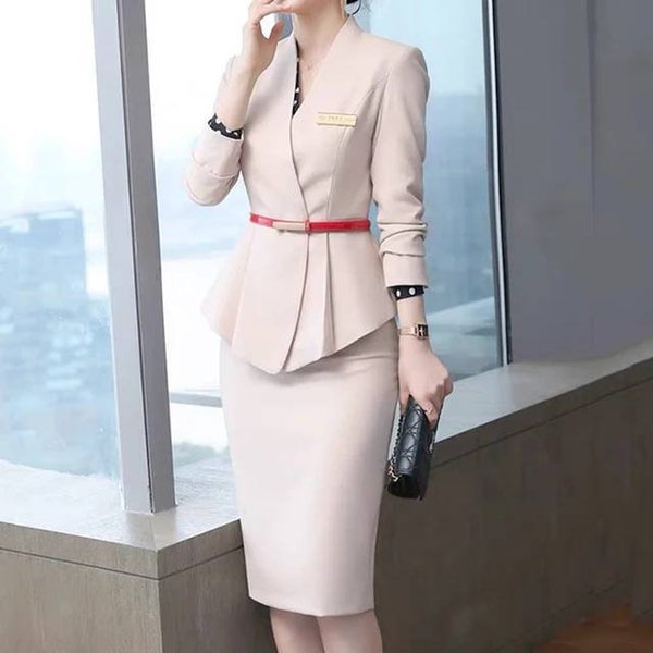 Asymmetrical belted peplum skirt suit, beige, green or black skirt suit, formal skirt suit, wedding skirt suit,office suits, wedding suits