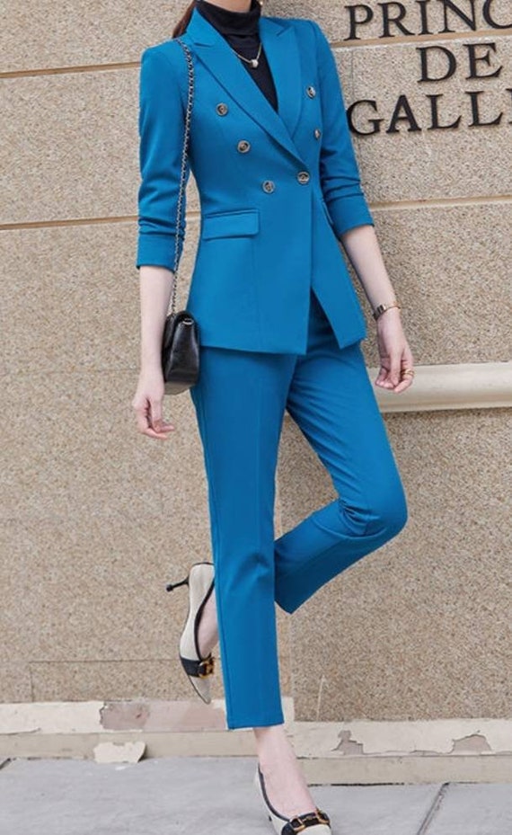 Peacock Blue or Royal Blue Double Breasted 2-piece Pants Suit, Women's Blue  Coats, Formal Office Suits, Wedding Suits 