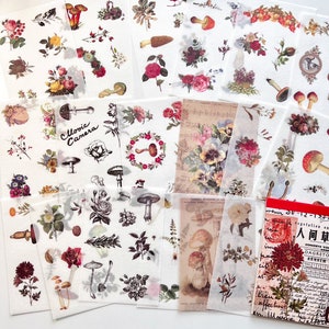 20 Pages Flower Washi Sticker Book, Pre-Cut Vintage Flower Sticker Floral Nature Mushroom Sticker, Bujo Junk Journaling Scrapbook Deco