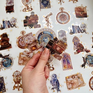 Gold Foil Magic Sticker Collection 10pcs, PET Magic Space Time Travel Witch Wizard Owl Magic Book Sticker, Bujo Junk Journal Scrapbook Deco
