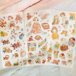 Die-Cut Japanese School Girl Sticker Sheets, Translucent Hand-Drawn Cute Asian Girls Anime Japanese Culture Junk Journal Bujo Washi Stickers