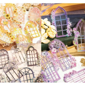 Holographic Foil Floral Window Sticker 10pcs, Gothic Cathedral Window Stained Glass Church Window Sticker, Bujo Scrapbook Junk Journal Deco