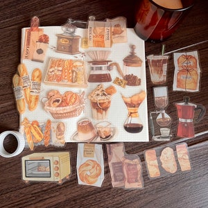 20 autocollants pour café brunch, autocollants transparents pour le petit-déjeuner, le petit-déjeuner, le brunch, le café au lait, le pain, le pain et la baguette, Bujo Junk Journal pour scrapbooking