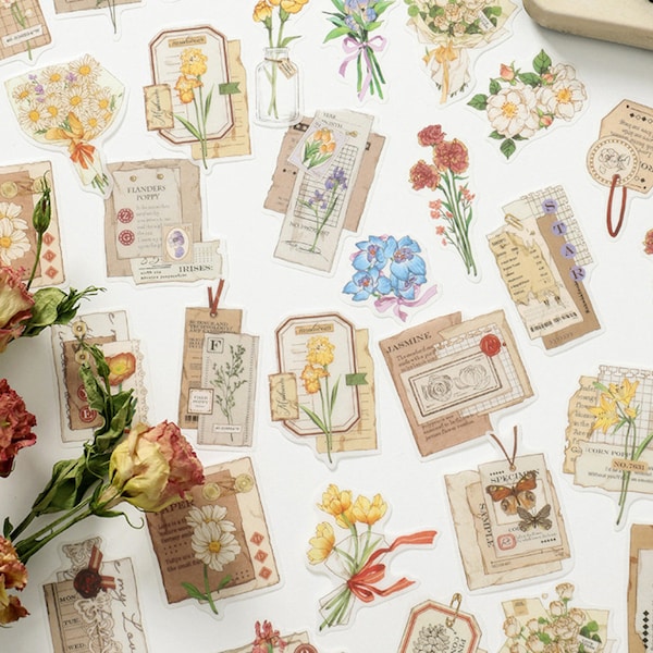 30pcs floral Collage Junk Journal Layering Washi Stickers, Translucent Vintage Retro Flower Nature Botanical Ephemera Sticker Scrapbook Deco