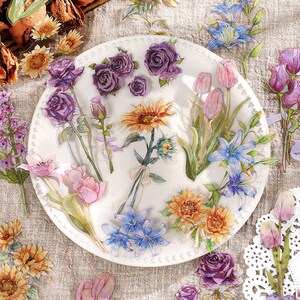 Lot de 10 grands autocollants transparents fleurs vintage, fleurs transparentes fleurs séchées autocollant tulipe rose orchidée indésirable, journal Bujo agenda scrapbooking déco