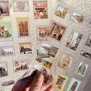 Gold Foil Architecture Stamp Sticker 2 Sheets, PET Vintage European Landmark Building Travel Stickers, Junk Journal Planner Scrapbook Deco