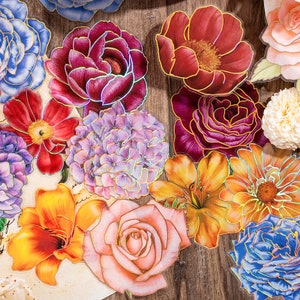 10 pcs grands autocollants holographiques fleurs épanouies, autocollants feuille d'or rose hortensia tournesol, Bujo Junk Journal scrapbooking déco