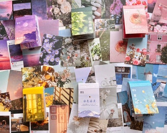 50 Sheets Mini Aesthetic Washi Sticker Booklet, Nature Floral Scenery Sunset Flower Sky Photo Sticker, Bujo Junk Journal Scrapbook Deco