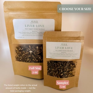 May include: Two brown paper pouches of "LIVER LOVE" herbal tea blend. The larger pouch is labeled "Full Size" at 2 oz, and the smaller pouch is labeled "Sampler" at 0.5 oz. The pouches have a clear window showing the tea.