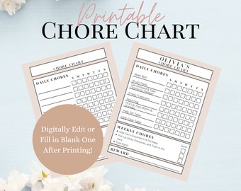 Light Pink Chore Chart Printable | Editable and Printable Kids Chore Chart | Chore Chart for Kids | Behavior Chart | Cleaning Printable