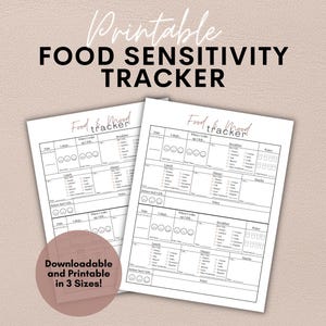 Könnte beinhalten: Zwei weiße, bedruckbare Food-Sensitivity-Tracker mit den Worten "Food & Mood Tracker" und einer Tabelle zur Verfolgung der Nahrungsaufnahme und der Stimmung. Die Worte "Printable Food Sensitivity Tracker" stehen oben.