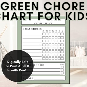 Green Chore Sheet Printable | Kids Daily Routine Checklist & Family Task Chart | Household Chores Chart for Home Management | Fillable Chart