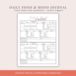 Può includere: Un diario alimentare e dell'umore stampabile con un'intestazione e un piè di pagina color pesca. Il diario include sezioni per tenere traccia di pasti, sintomi e fattori scatenanti. Il testo sul diario recita "DAILY FOOD & MOOD JOURNAL" e "track meals and symptoms - notice triggers."