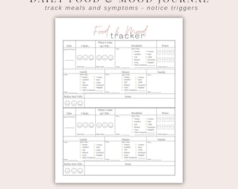 May include: A printable food and mood journal with a peach header and footer. The journal includes sections to track meals, symptoms, and triggers. The text on the journal reads "DAILY FOOD & MOOD JOURNAL" and "track meals and symptoms - notice triggers."