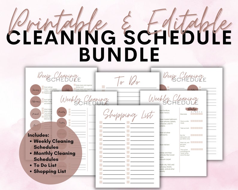 Rose Cleaning Schedule Bundle Printable Weekly Cleaning Checklist, Monthly Deep Cleaning List
