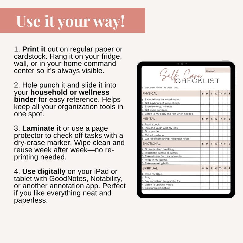 Daily Self Care Checklist | Printable Holistic Wellness Tools for Women ...