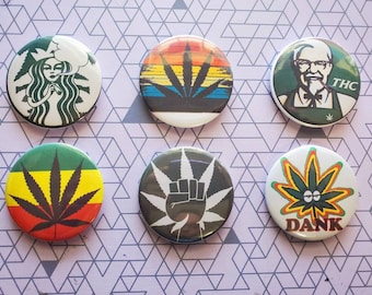 Pot Leaf Marijuana 2.25 Inch Buttons Set of 6