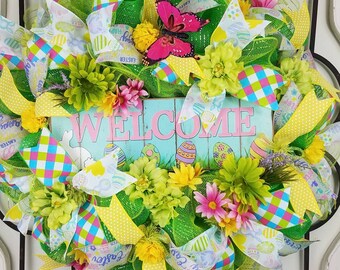 Easter wreath, spring wreath, Spring flower decor,Easter mesh wreath,Wreath with Easter eggs