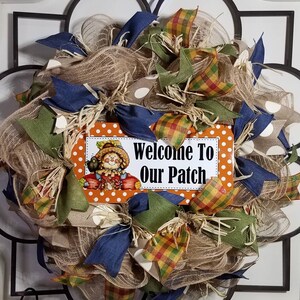 Fall wreath, mesh wreath, scarecrow wreath, country fall wreath, fall decor, fall wreath with scarecrow, fall wreath with blue ribbon