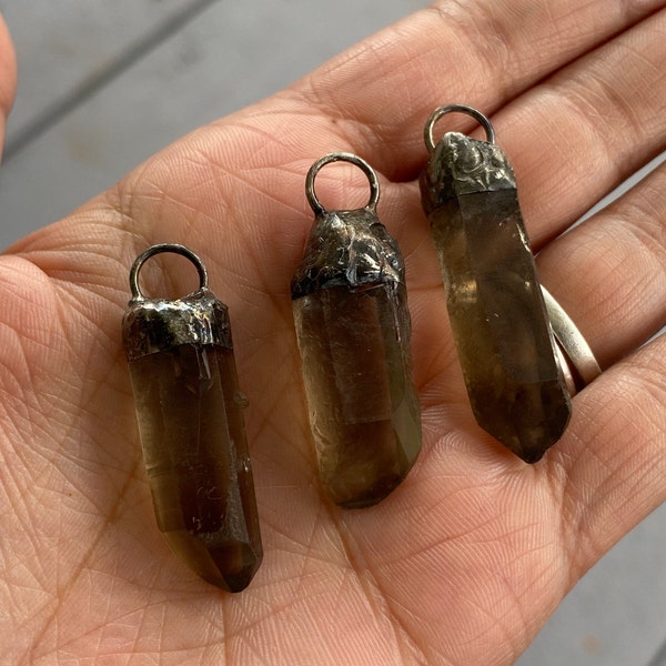 Smoky quartz soldered pendants - hand soldered jewelry crystal stone pendents - raw crystal healing stone jewelry necklace silver metal