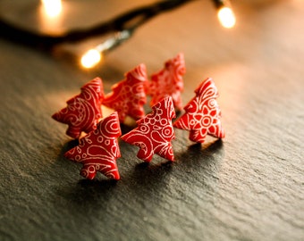 Christmas stud earrings/Handmade festive jewelry/Polymer clay/Silk screen/Gold leaf/Gift for friends/Free shipping