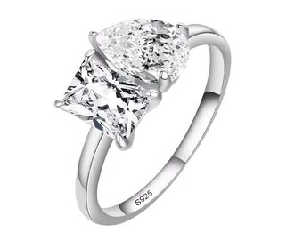 925 Sterling Silver Square And Drop Dazzling CZ Engagement Ring Fine Jewelry Gift For Her