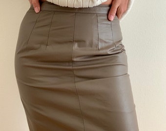 Vintage Genuine Leather Pencil Taupe Skirt