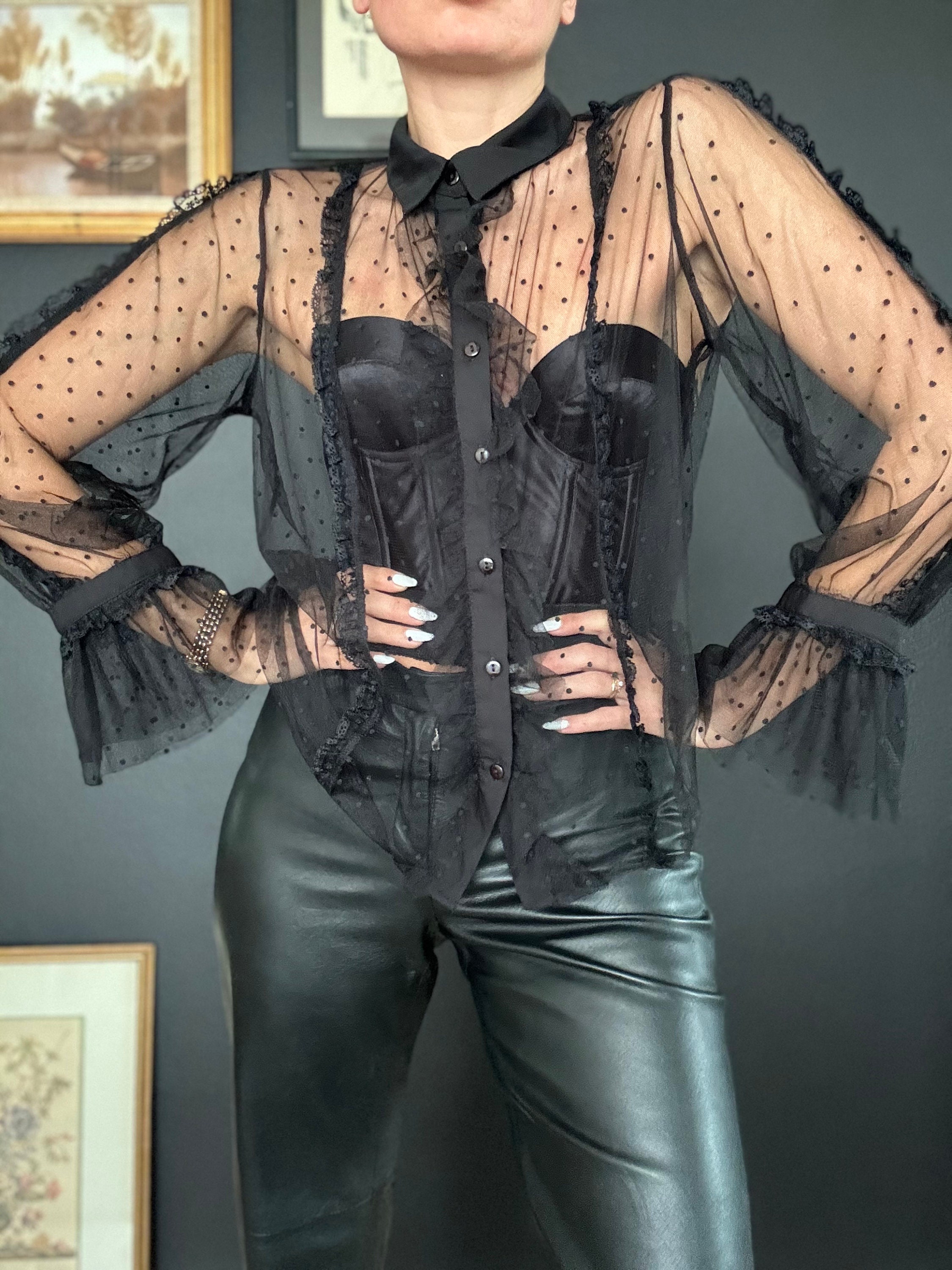 Chemisier noir transparent a pois sale