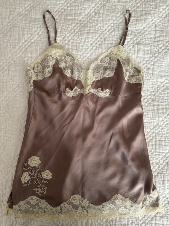 Vintage 90s Silk Lace Trim Slip Dress Camusole Li… - image 4