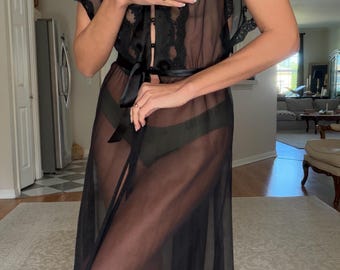 Vintage 90s Black Sheer Lace Long Lingerie Robe