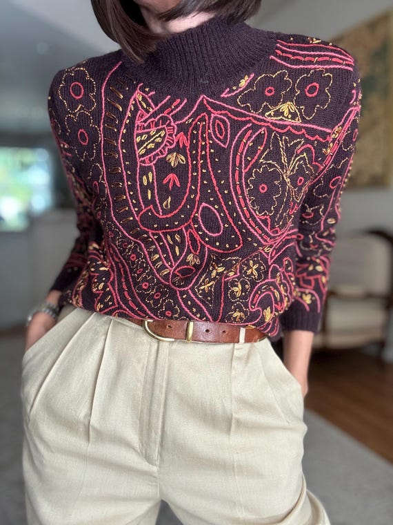 ヴィンテージ モヘア ブレンド 刺繍 ブラウン レッド タートルネック 