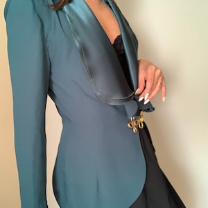 Vintage 90er Jahre Satin Effekt Kragen Grüner Blazer